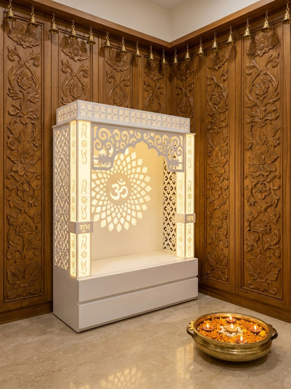 Compact Wall-Mount Corian Mandir for Home Apartments — Luxury Indian Home Interior — Satguru Creations