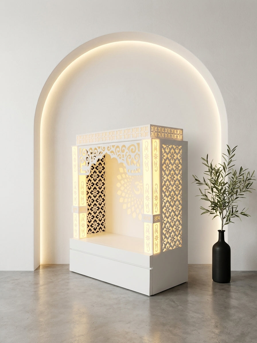 Compact Wall-Mount Corian Mandir for Home Apartments — Luxury Indian Home Interior — Satguru Creations