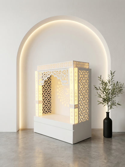 Compact Wall-Mount Corian Mandir for Home Apartments — Luxury Indian Home Interior — Satguru Creations
