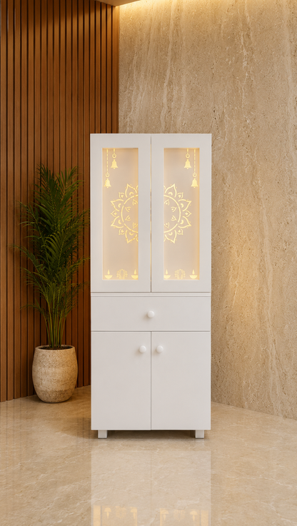 Compact fully white Corian mandir with twin backlit jali doors, drawer and lower cabinet