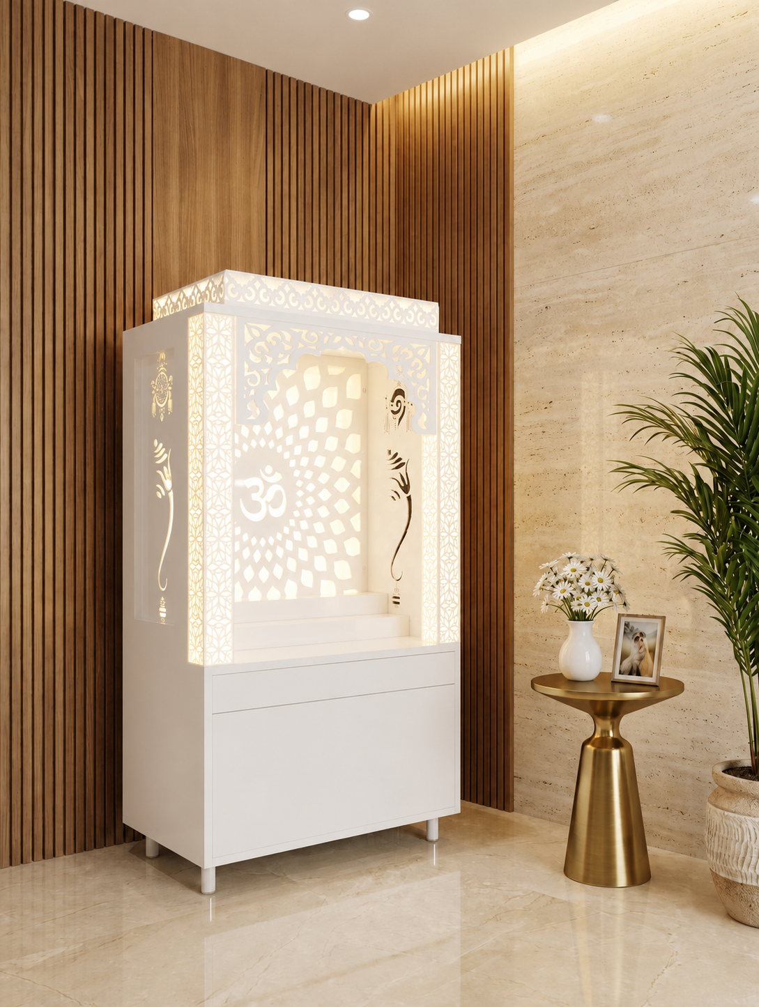 Angled white Corian apartment temple with backlit pillars and two handleless drawers
