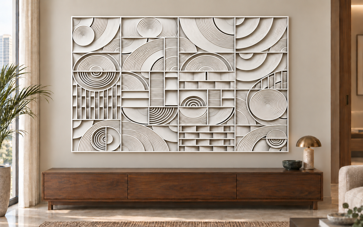 CWP-637 Concentric Arc Mosaic Corian Wall Panel, 4 ft wide x 2.5 ft high, front view in a Mumbai living room; AI-assisted concept visualisation