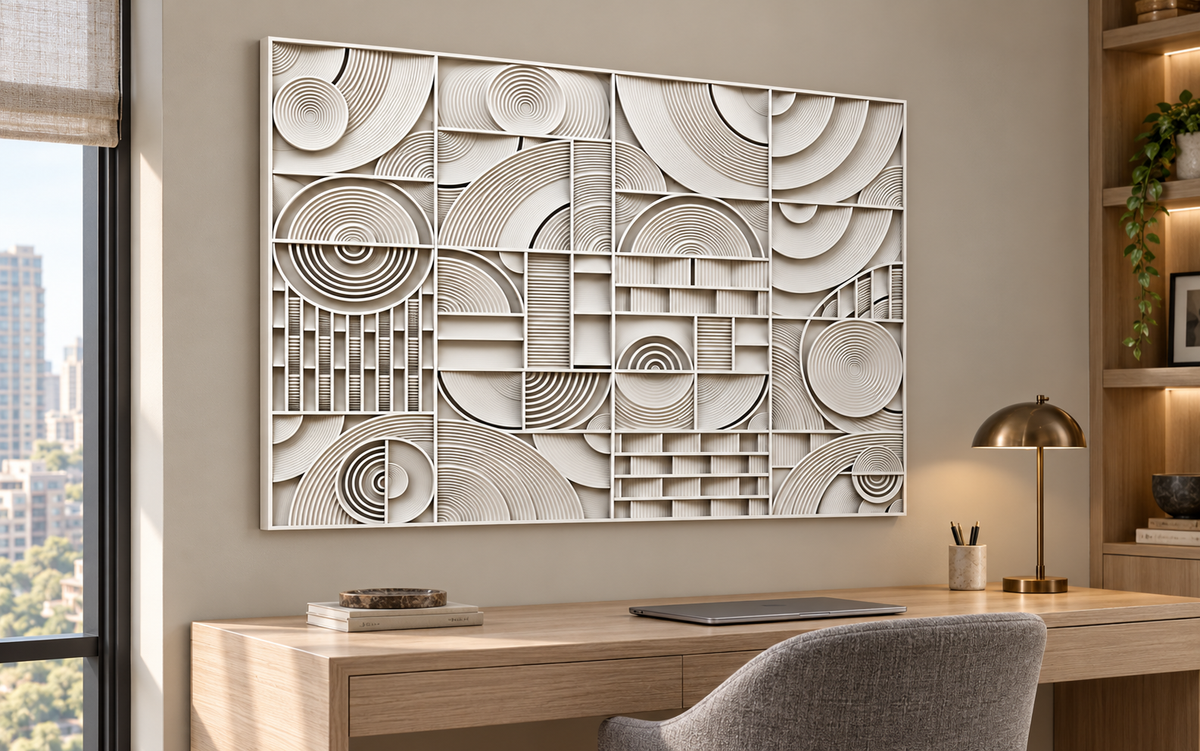 CWP-637 Concentric Arc Mosaic Corian Wall Panel, 4 ft wide x 2.5 ft high, left view in a Mumbai home office; AI-assisted concept visualisation