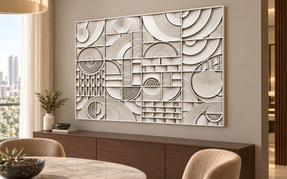 CWP-637 Concentric Arc Mosaic Corian Wall Panel, 4 ft wide x 2.5 ft high, right view in a Mumbai dining room; AI-assisted concept visualisation