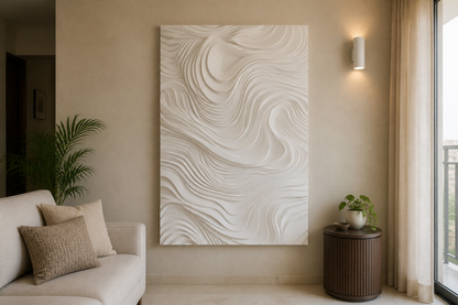Contour Current white Corian wall panel, front view in a Mumbai home interior visualisation