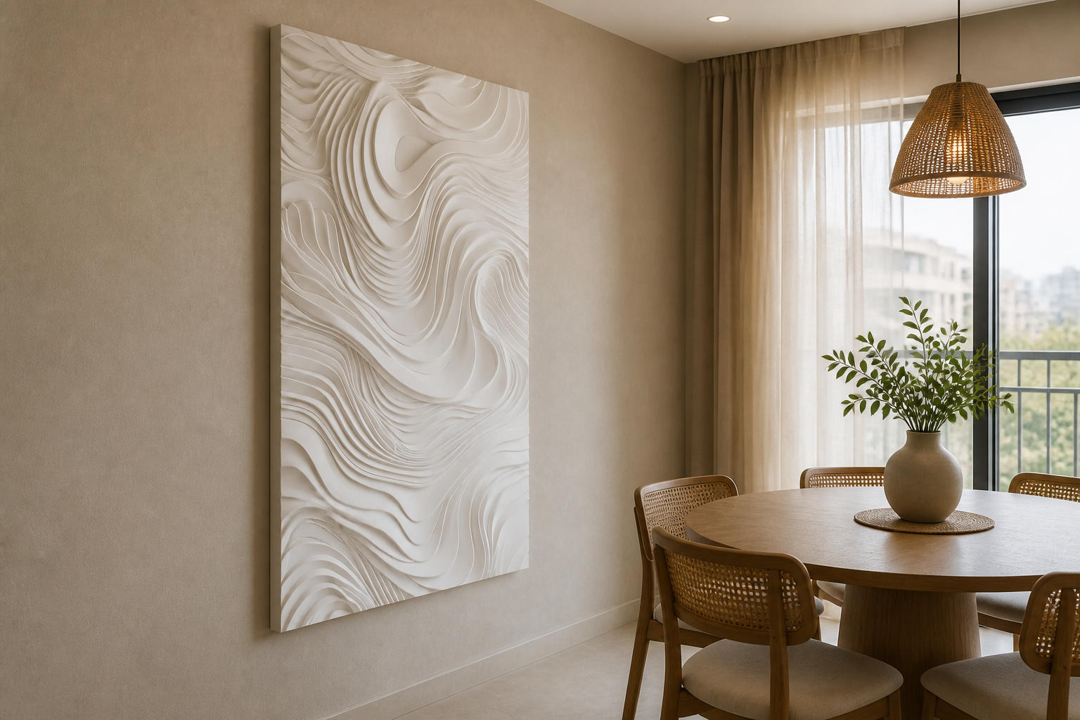 Contour Current white Corian wall panel, left angle view in a Mumbai home interior visualisation