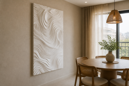 Contour Current white Corian wall panel, left angle view in a Mumbai home interior visualisation