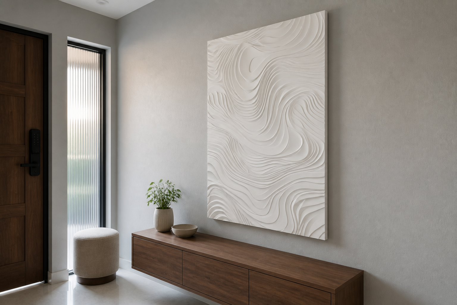 Contour Current white Corian wall panel, right angle view in a Mumbai home interior visualisation