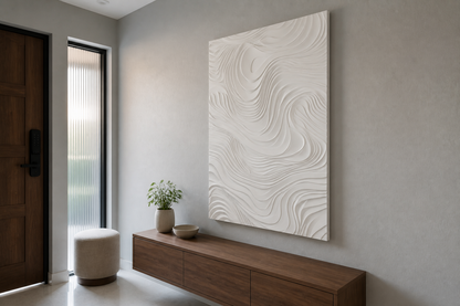 Contour Current white Corian wall panel, right angle view in a Mumbai home interior visualisation