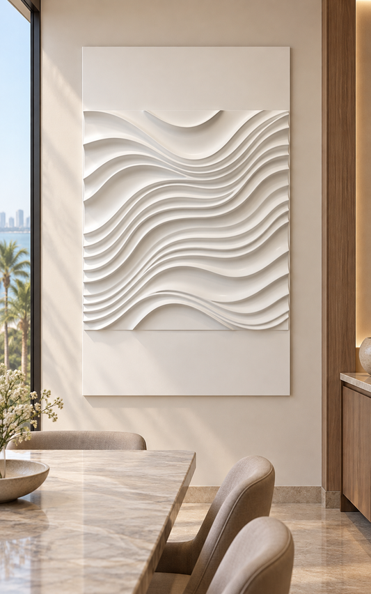 Contour Current Wavefield Corian wall panel, front view in a Juhu dining nook