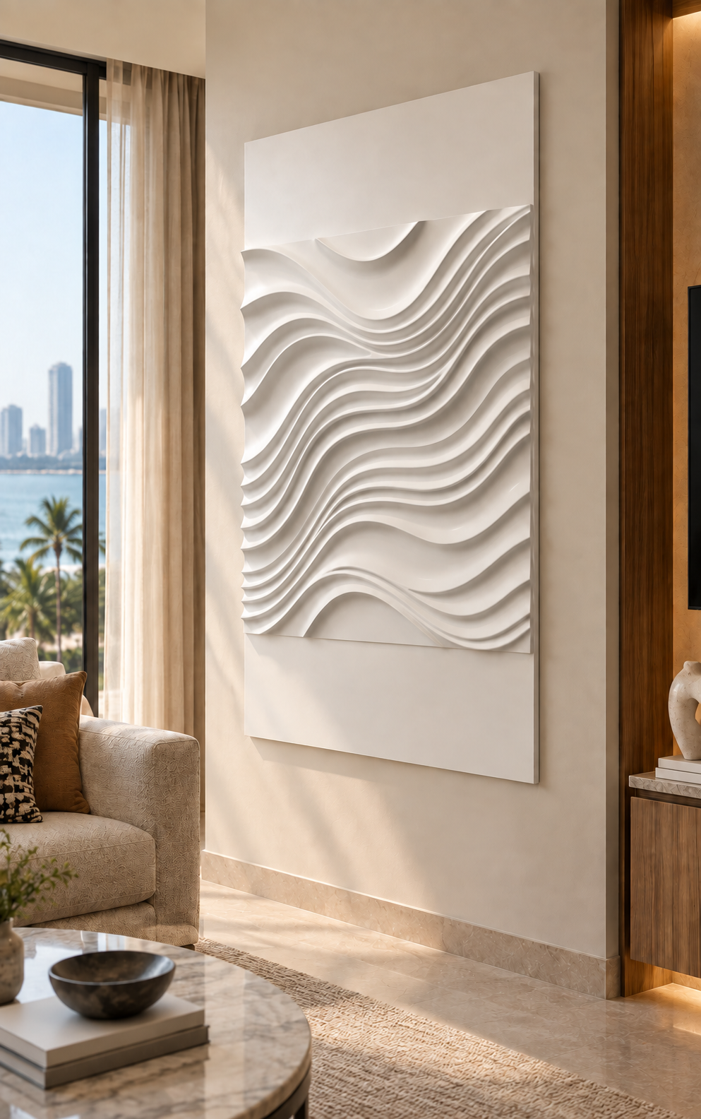 Contour Current Wavefield Corian wall panel, right view in a Bandra living room