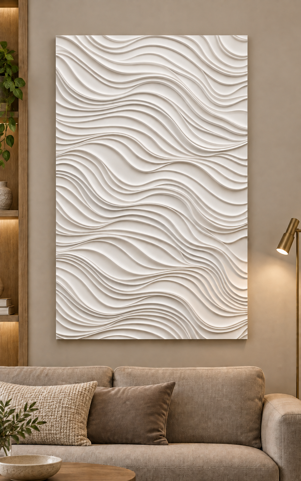 Contour Current Waves Corian wall panel, front view on a living room sofa wall in a Mumbai home; AI-assisted concept visualisation