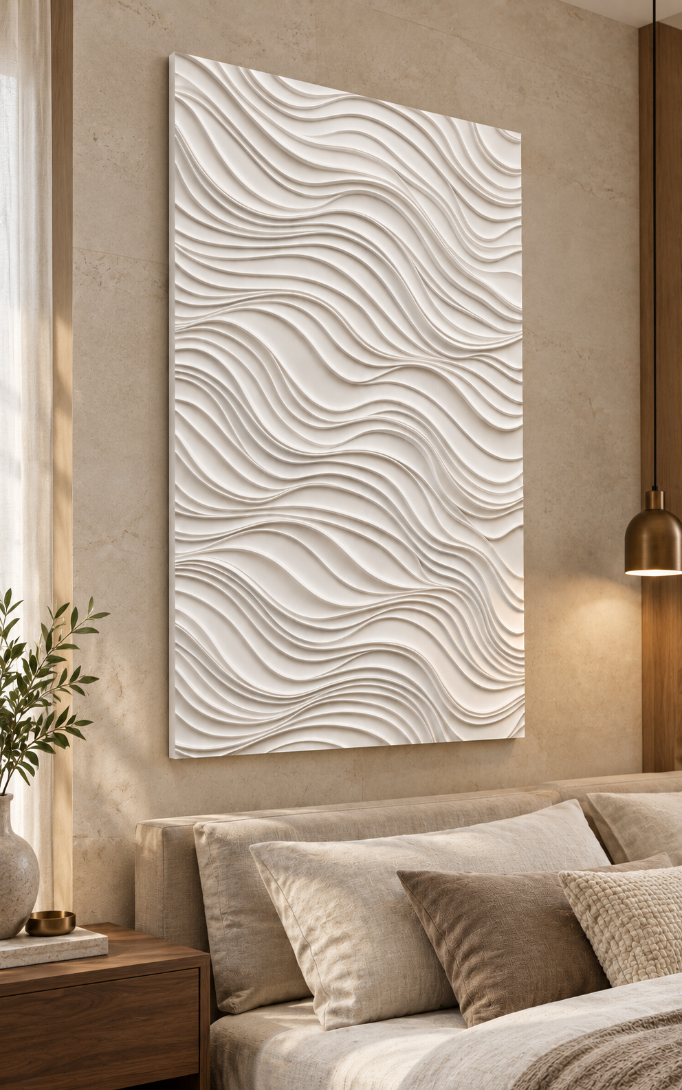Contour Current Waves Corian wall panel, left view on a bedroom accent wall in a Mumbai home; AI-assisted concept visualisation