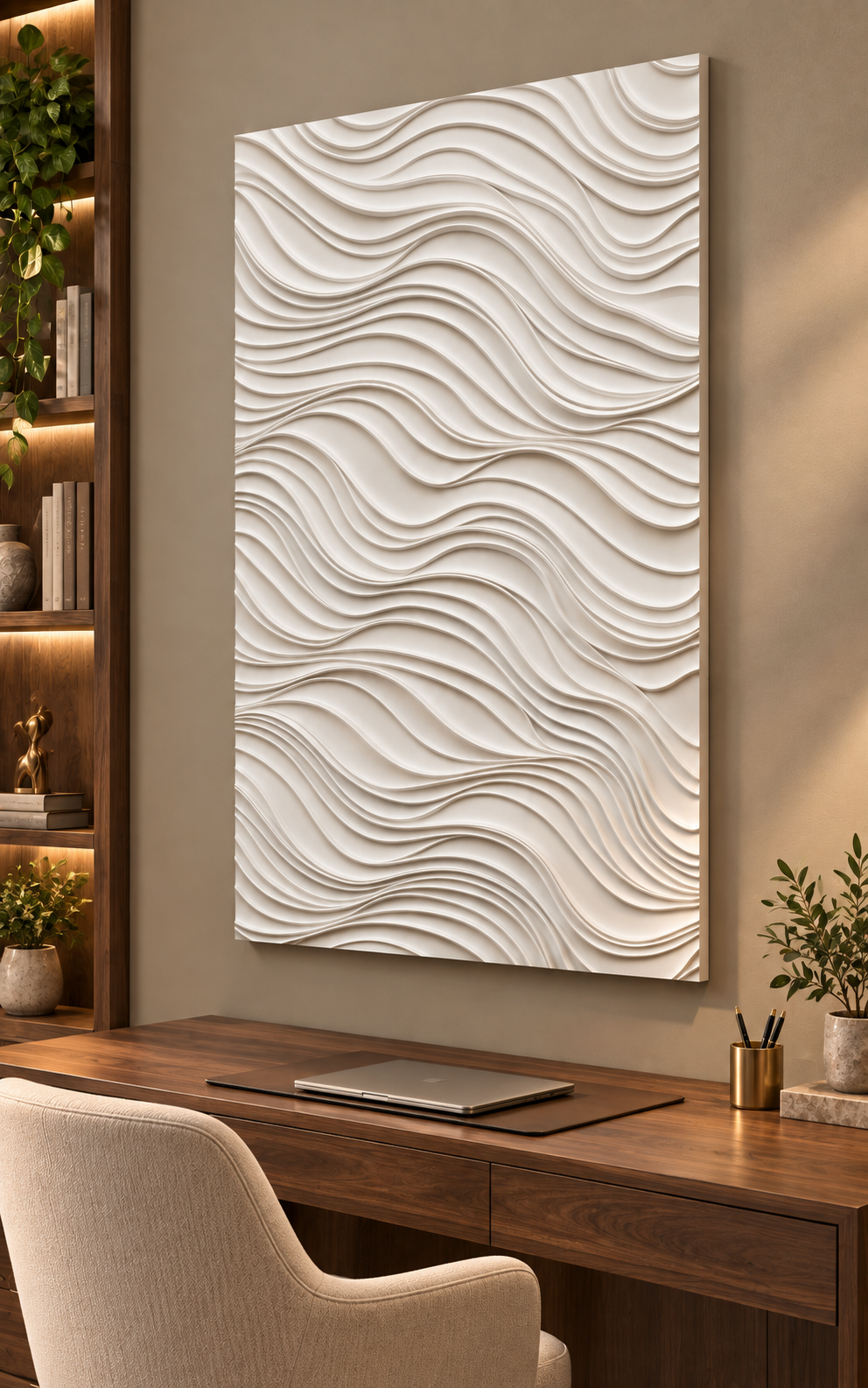 Contour Current Waves Corian wall panel, right view on a home office backdrop in a Mumbai home; AI-assisted concept visualisation