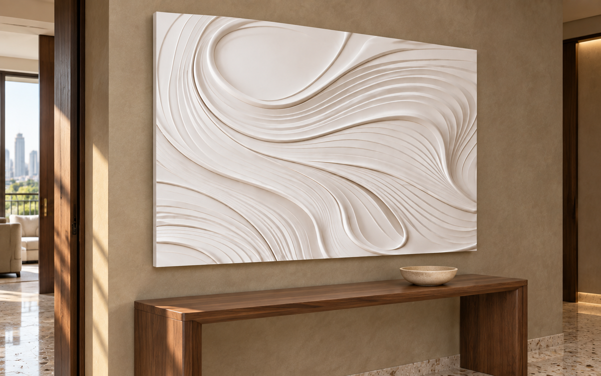 Contour Loop Current Corian wall panel, left view in a Worli apartment passage console wall, horizontal 4 ft by 2.5 ft with no added plain border strips