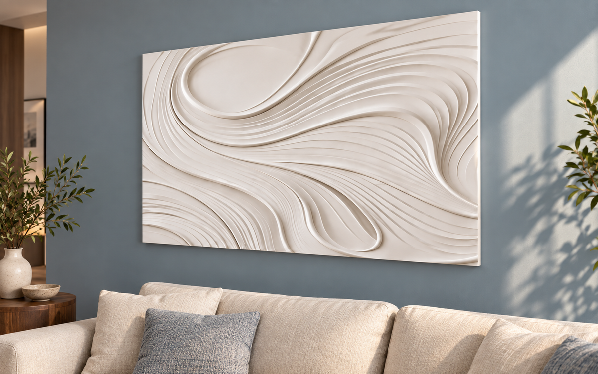 Contour Loop Current Corian wall panel, right view in a Powai living-room seating alcove, horizontal 4 ft by 2.5 ft with no added plain border strips