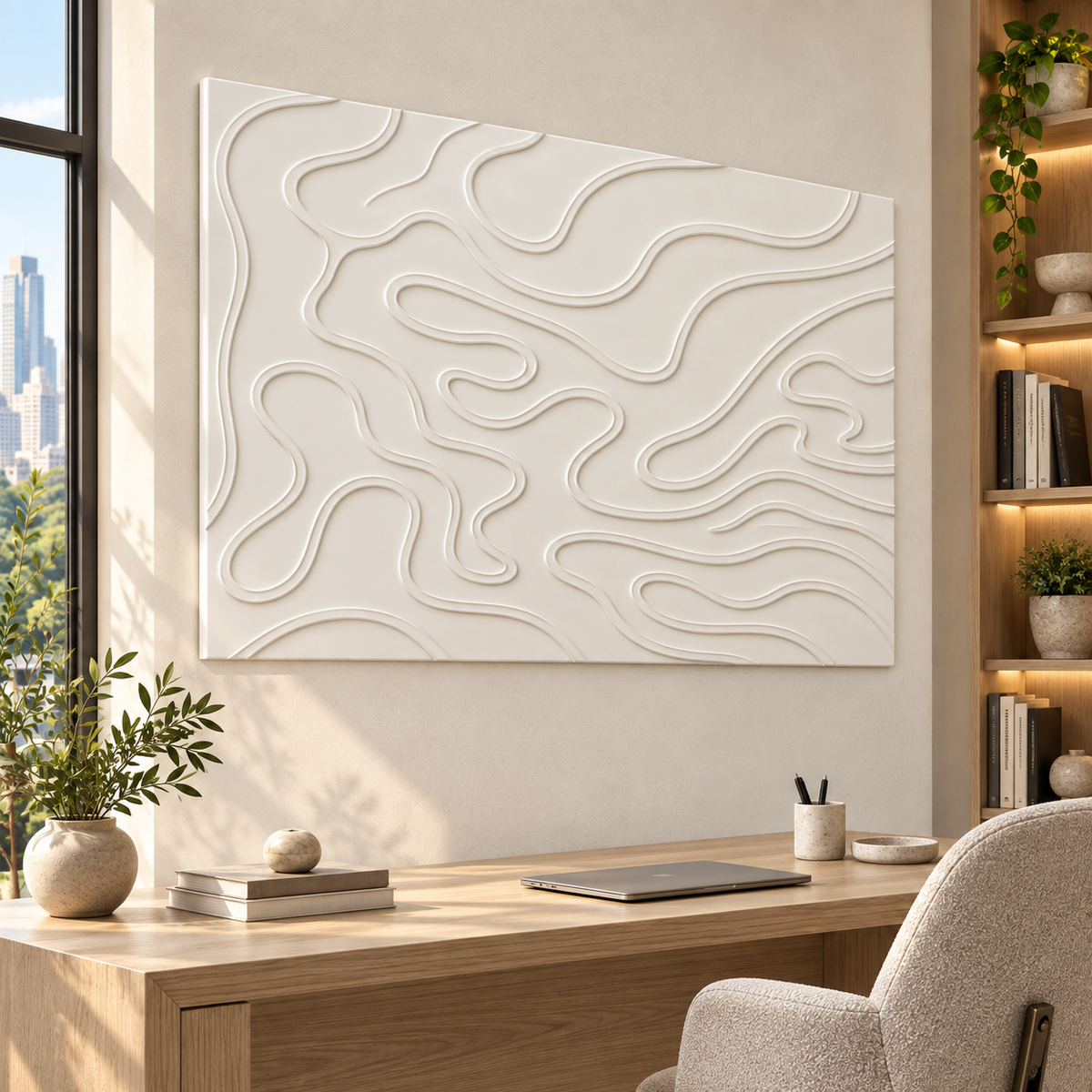 Contour Meander Corian wall panel, left view in a Mumbai home office; AI-assisted concept visualisation