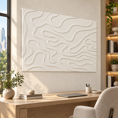 Contour Meander Corian wall panel, left view in a Mumbai home office; AI-assisted concept visualisation