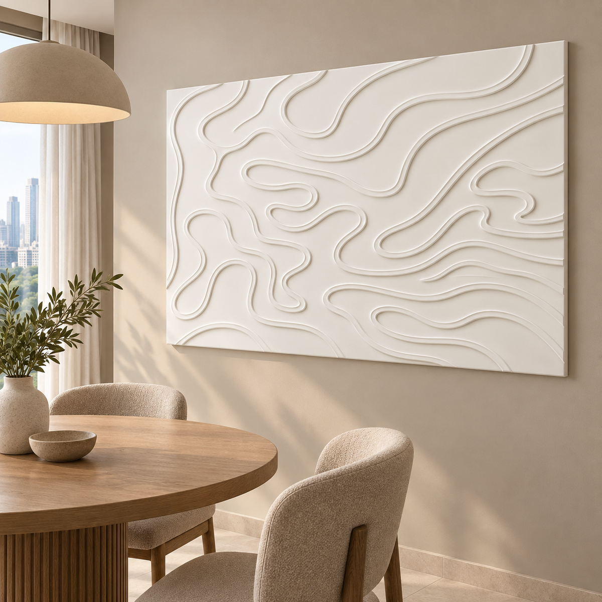 Contour Meander Corian wall panel, right view in a Mumbai dining nook; AI-assisted concept visualisation