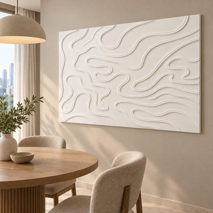 Contour Meander Corian wall panel, right view in a Mumbai dining nook; AI-assisted concept visualisation