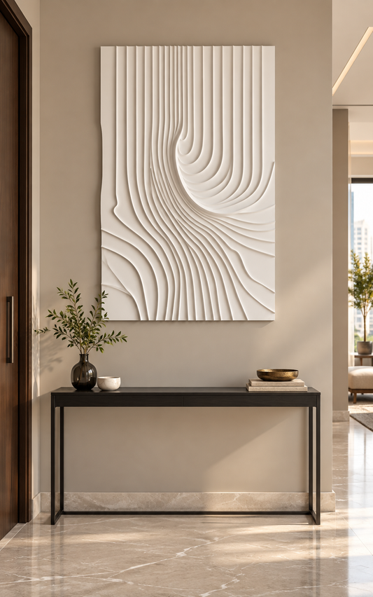 Converging Fluted Current Corian wall panel, front view in a Mumbai apartment foyer with a soft taupe wall and slim black console.