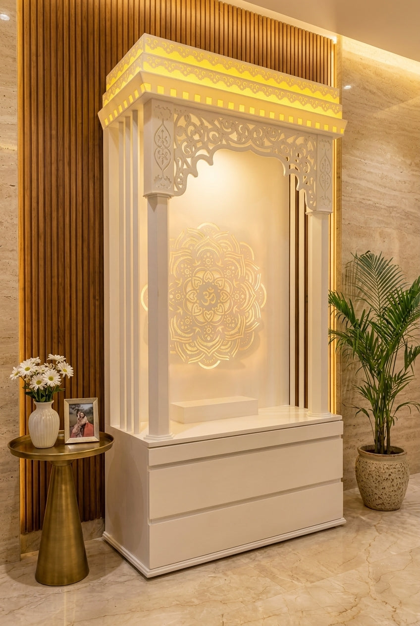 Beautiful Carving Pattern Corian Mandir for Home — Luxury Home Interior — Satguru Creations
