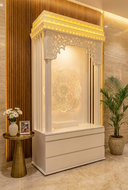 Beautiful Carving Pattern Corian Mandir for Home — Luxury Home Interior — Satguru Creations