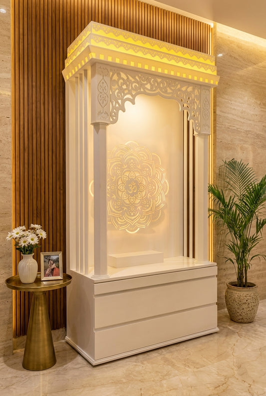 Beautiful Carving Pattern Corian Mandir for Home — Luxury Home Interior — Satguru Creations