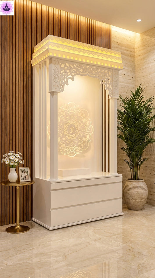 Beautiful Carving Pattern Corian Mandir for Home — Luxury Indian Home Interior — Satguru Creations