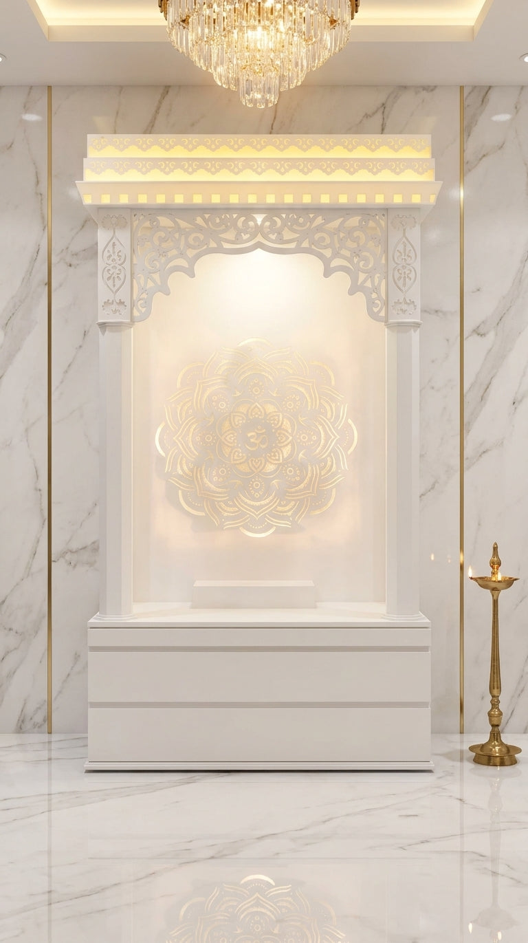 Beautiful Carving Pattern Corian Mandir for Home — Luxury Indian Home Interior — Satguru Creations
