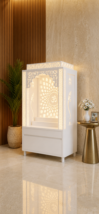 Compact white Corian temple with illuminated Om jhaali, side panels and handleless drawers