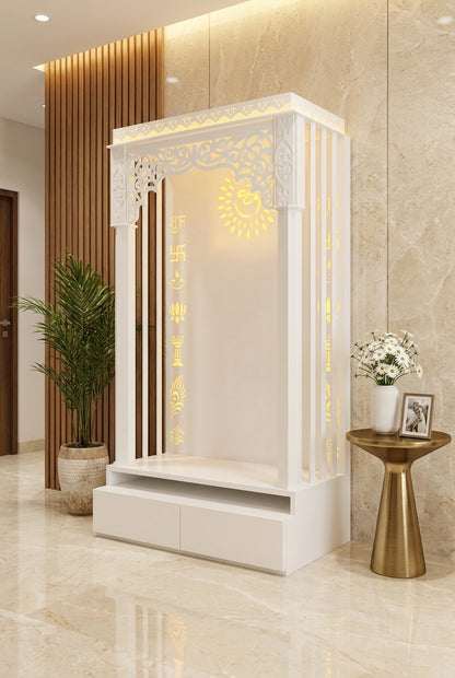 Elegant Designer Corian Home Mandir — Premium Pearl White — Luxury Home Interior — Satguru Creations