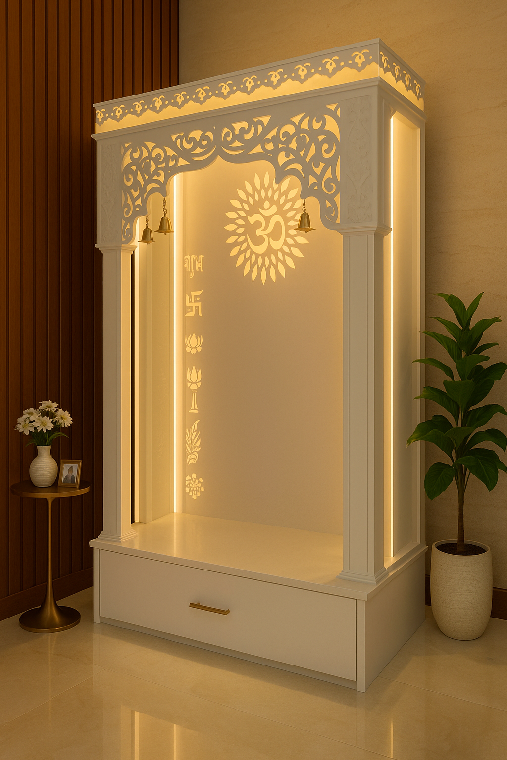 Elegant Designer Corian Home Mandir — Premium Pearl White — Luxury Indian Home Interior — Satguru Creations