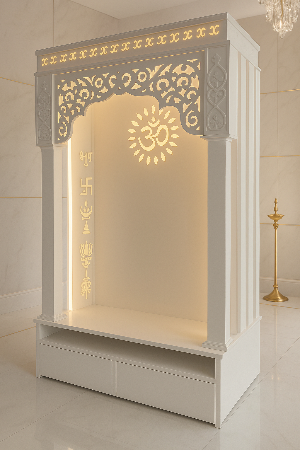 Elegant Designer Corian Home Mandir — Premium Pearl White — Luxury Indian Home Interior — Satguru Creations
