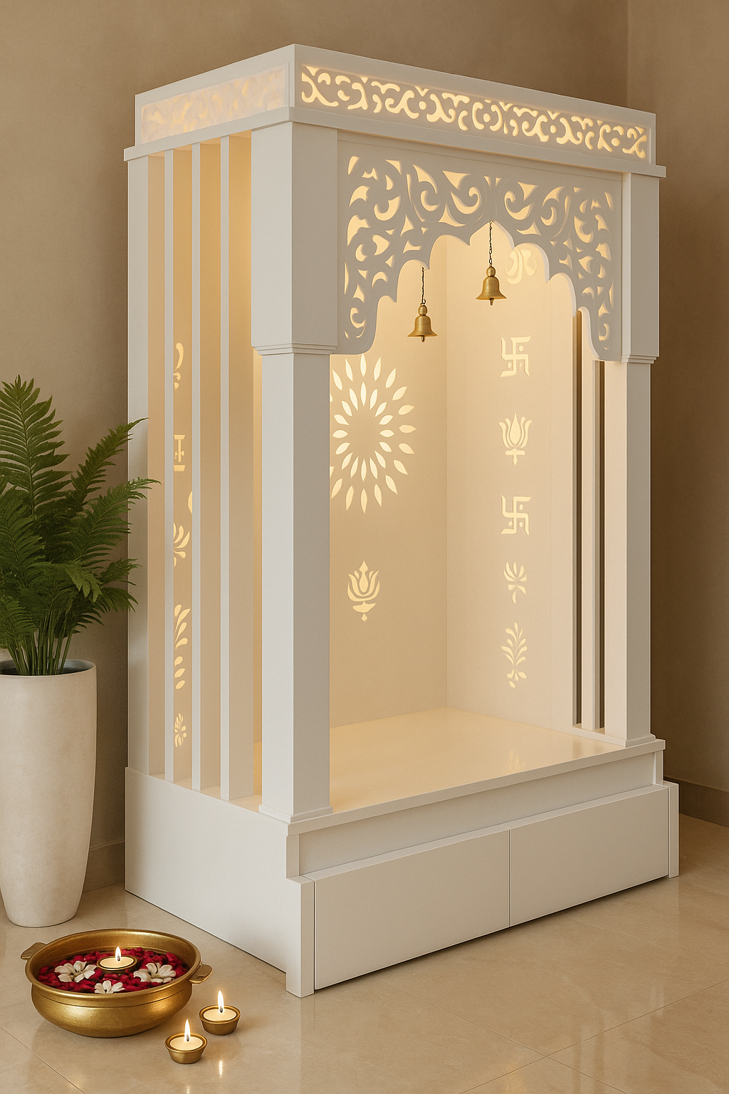 Elegant Designer Corian Home Mandir — Premium Pearl White — Luxury Indian Home Interior — Satguru Creations - Corian temple collection
