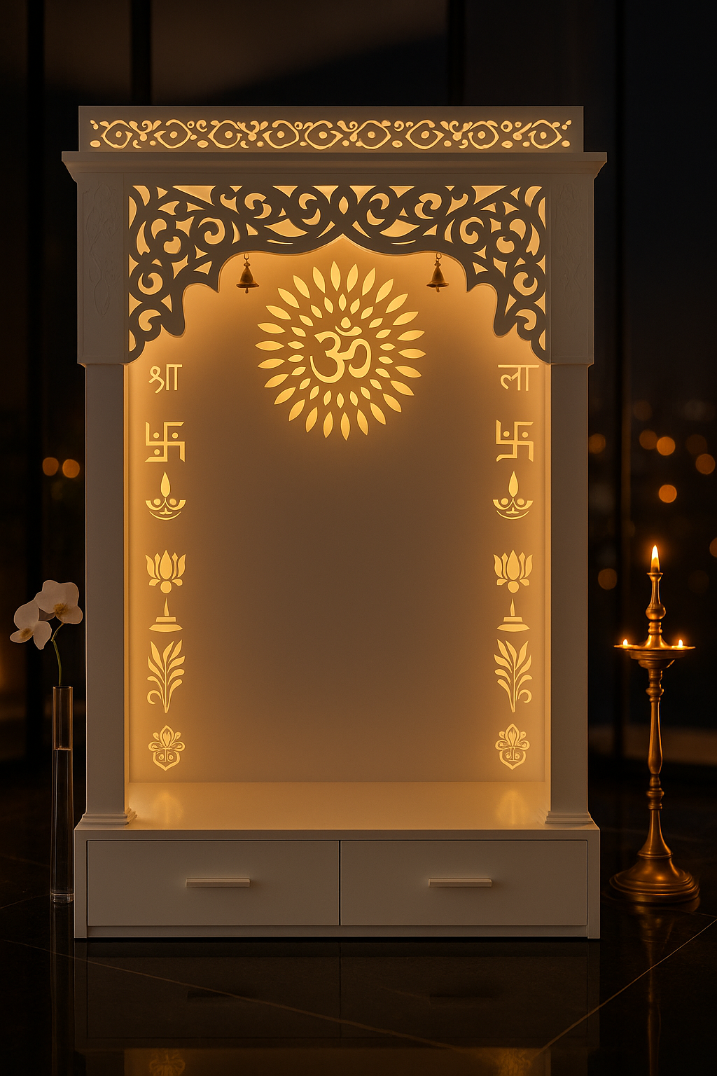 Elegant Designer Corian Home Mandir — Premium Pearl White — Luxury Indian Home Interior — Satguru Creations