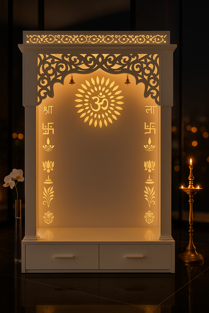 Elegant Designer Corian Home Mandir — Premium Pearl White — Luxury Indian Home Interior — Satguru Creations
