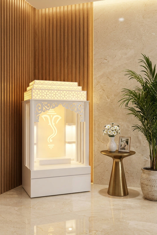 Corian Home Temple — Glossy Modern Arched Pooja Mandir — Luxury Home Interior — Satguru Creations