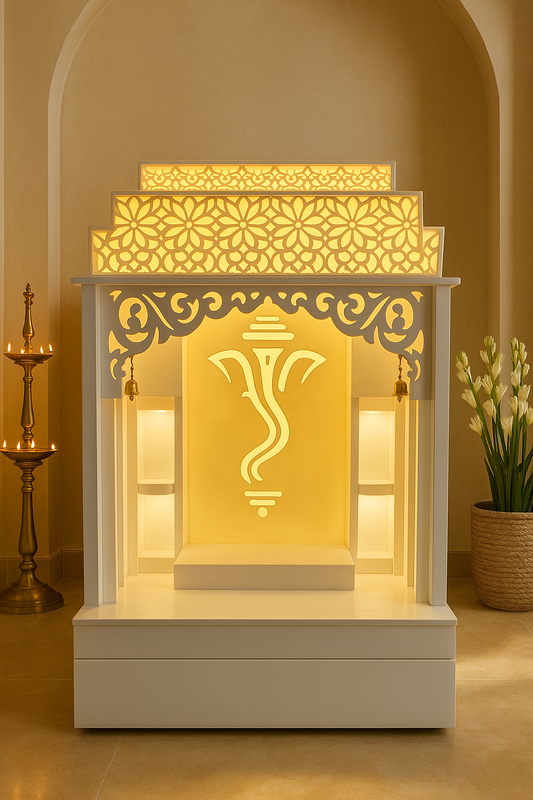 Corian Home Temple — Glossy Modern Arched Pooja Mandir — Luxury Indian Home Interior — Satguru Creations