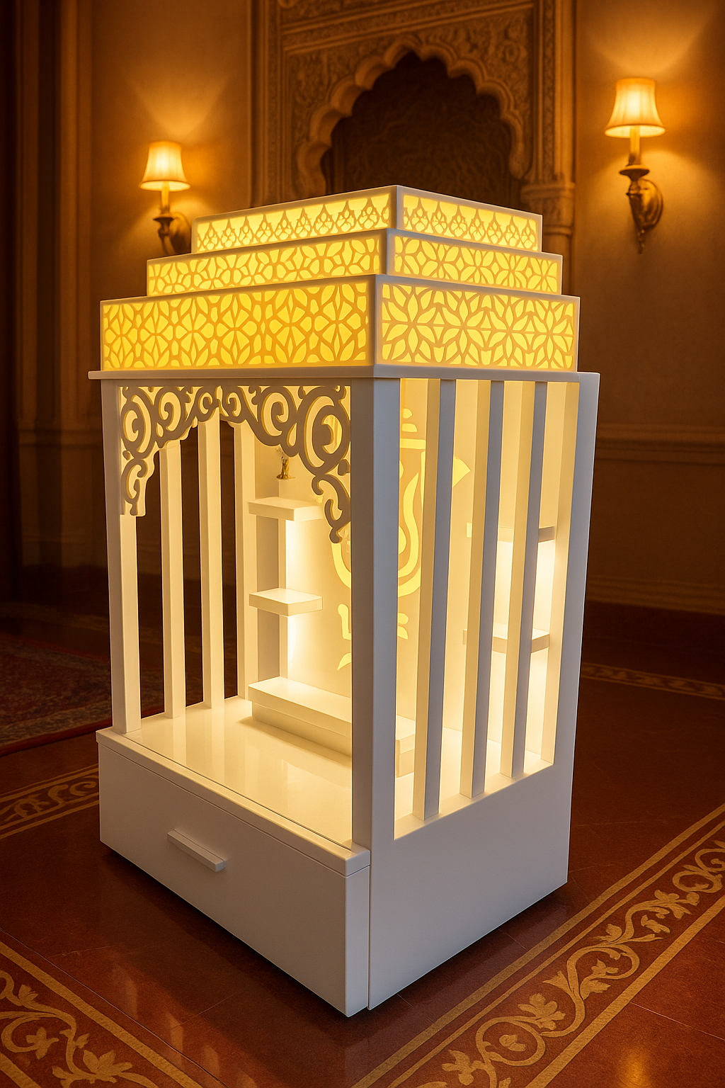 Corian Home Temple — Glossy Modern Arched Pooja Mandir — Luxury Indian Home Interior — Satguru Creations