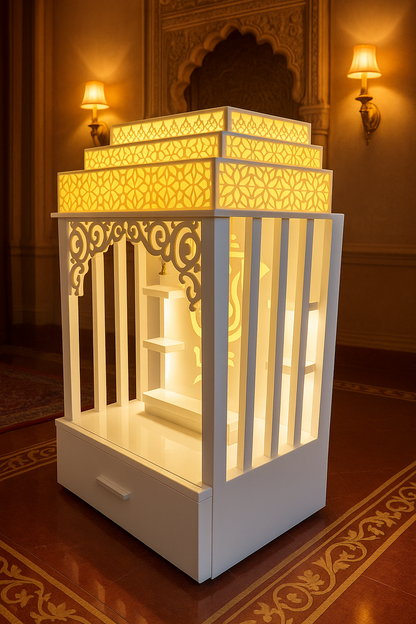 Corian Home Temple — Glossy Modern Arched Pooja Mandir — Luxury Indian Home Interior — Satguru Creations