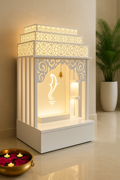 Corian Home Temple — Glossy Modern Arched Pooja Mandir — Luxury Indian Home Interior — Satguru Creations