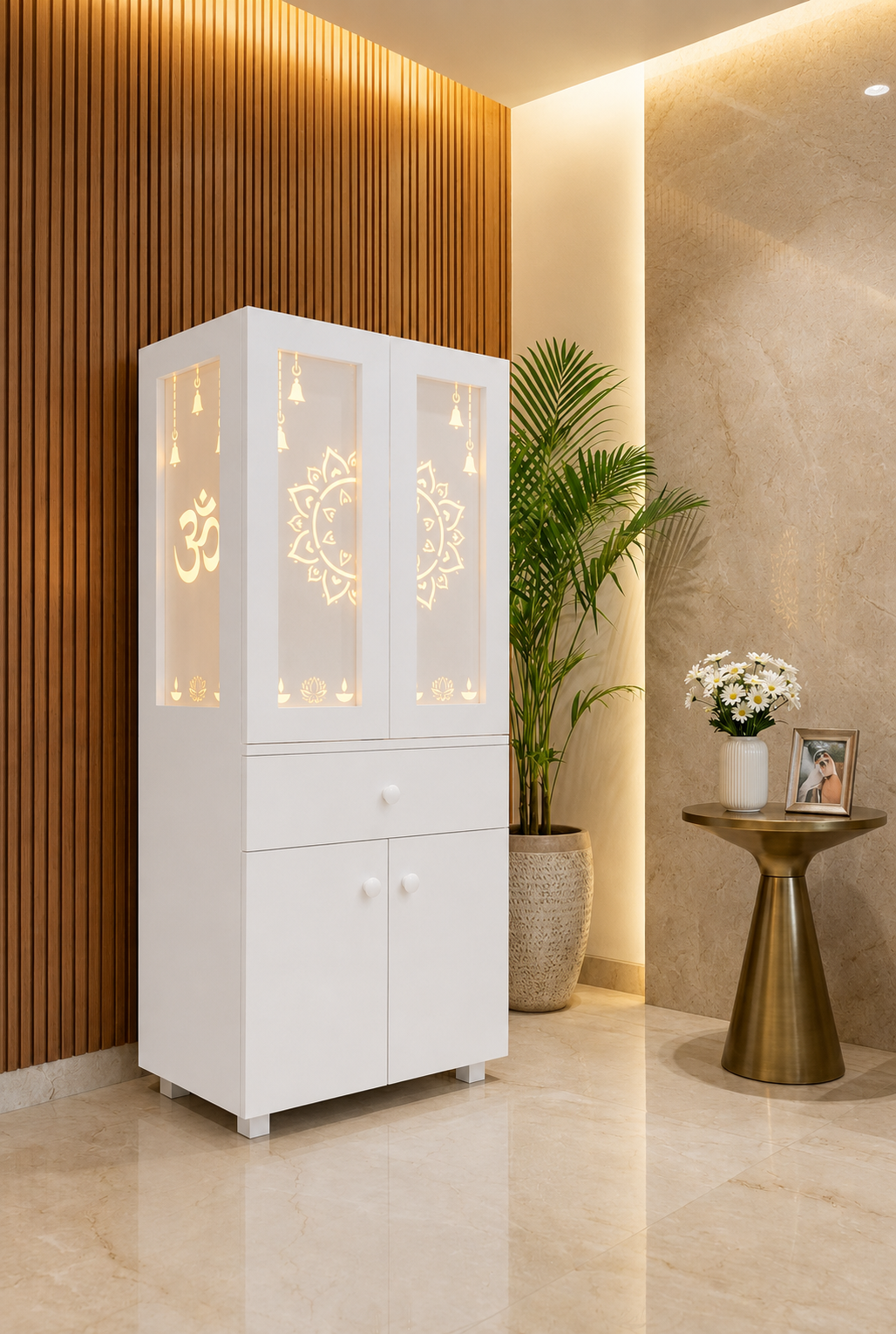 Angled view of a white Corian home temple with illuminated Om and lotus door panels