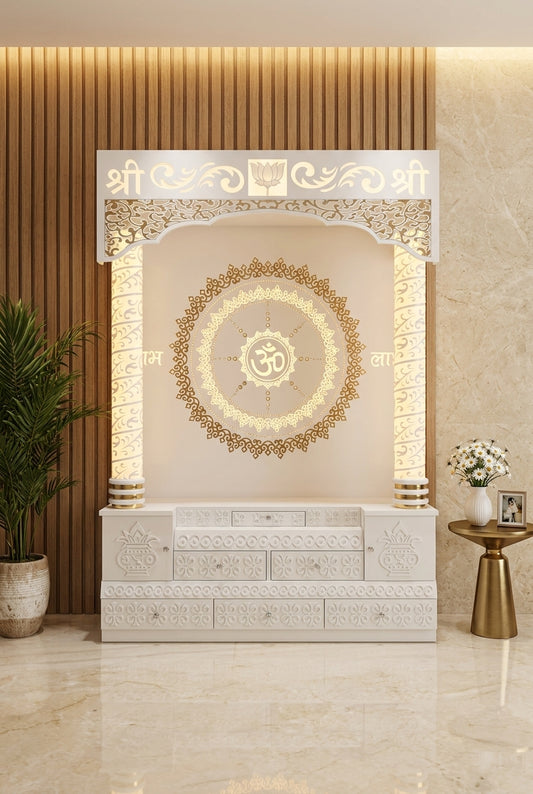 Corian Home Temple — Warm-Cream Classic Pooja Mandir — Luxury Home Interior — Satguru Creations