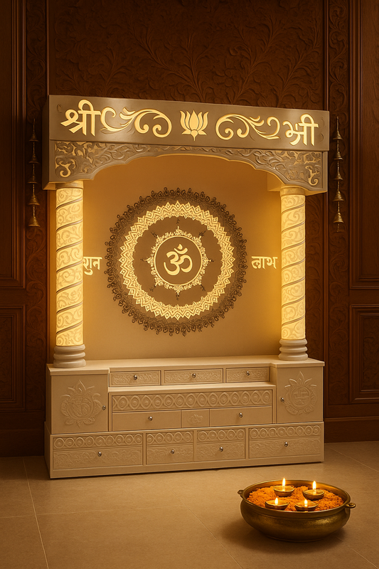 Corian Home Temple — Warm-Cream Classic Pooja Mandir — Luxury Indian Home Interior — Satguru Creations