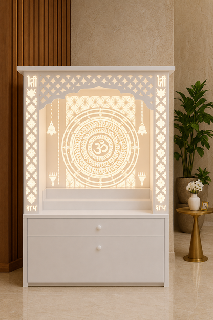White Corian home temple with illuminated Om mandala, floral pillars and two storage drawers