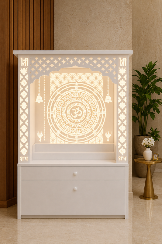 White Corian home temple with illuminated Om mandala, floral pillars and two storage drawers
