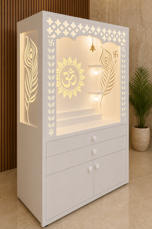 White Corian home temple with illuminated peacock feather side panel, Om altar and drawers