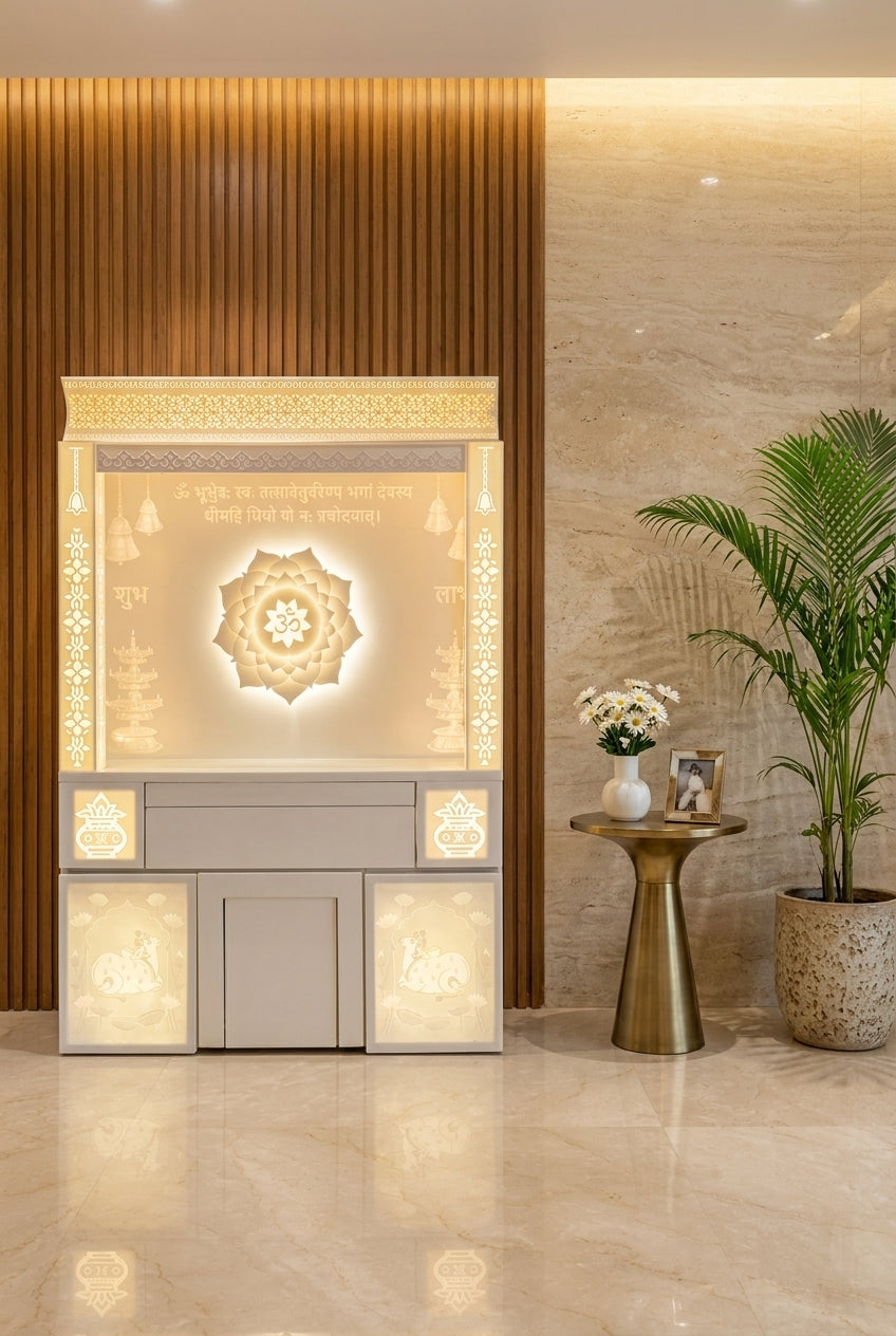 Backlit 3D Lotus Corian Home Temple with LED Halo — Luxury Home Interior — Satguru Creations