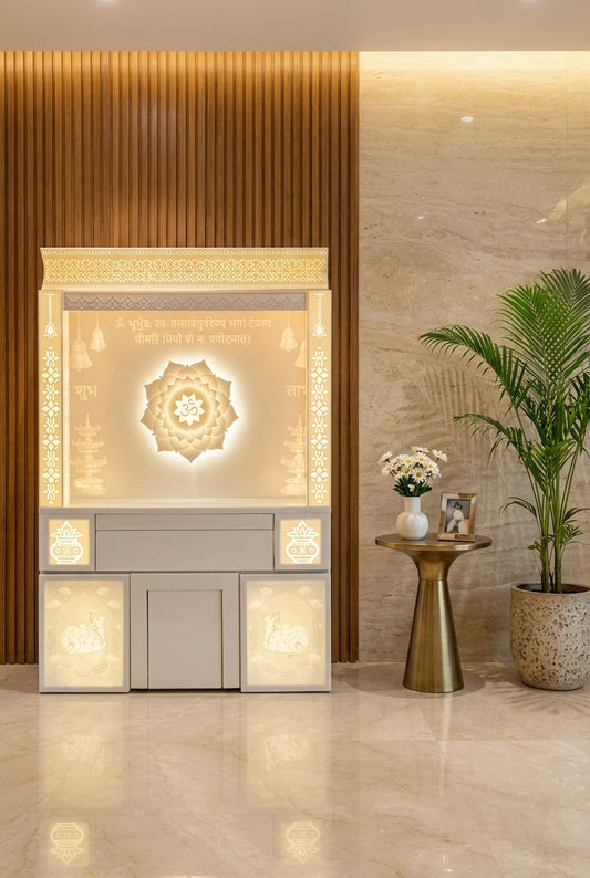 Backlit 3D Lotus Corian Home Temple with LED Halo — Luxury Home Interior — Satguru Creations